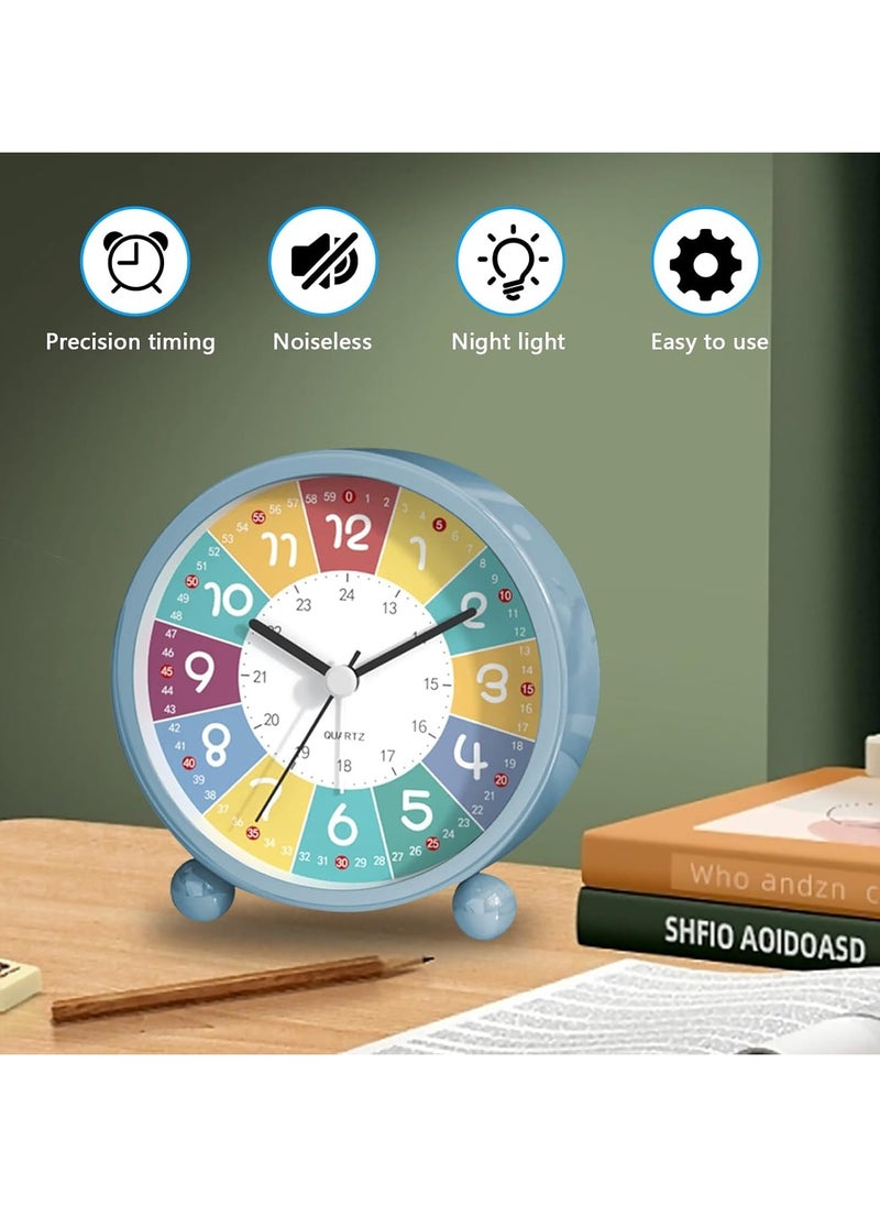 Early Childhood Education Metal Small Alarm Clock, Student Learning Silent Desktop Clock Cartoon, Luminous Quartz Clock-Blue