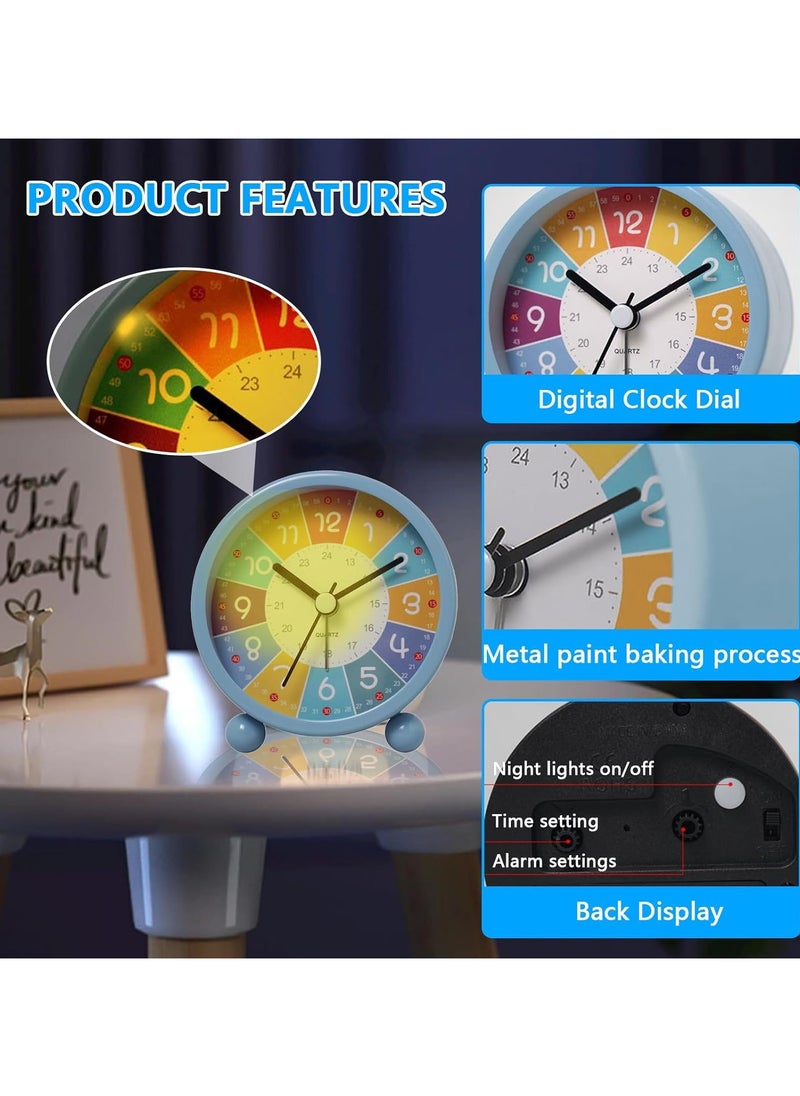 Early Childhood Education Metal Small Alarm Clock, Student Learning Silent Desktop Clock Cartoon, Luminous Quartz Clock-Blue