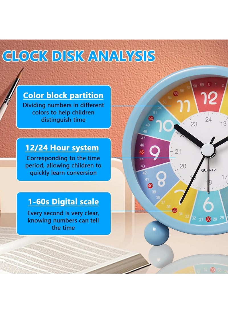 Early Childhood Education Metal Small Alarm Clock, Student Learning Silent Desktop Clock Cartoon, Luminous Quartz Clock-Blue