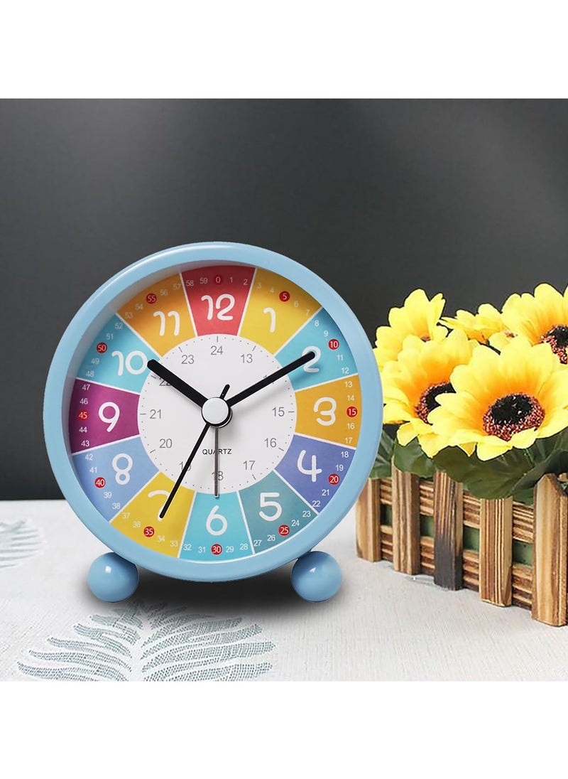 Early Childhood Education Metal Small Alarm Clock, Student Learning Silent Desktop Clock Cartoon, Luminous Quartz Clock-Blue