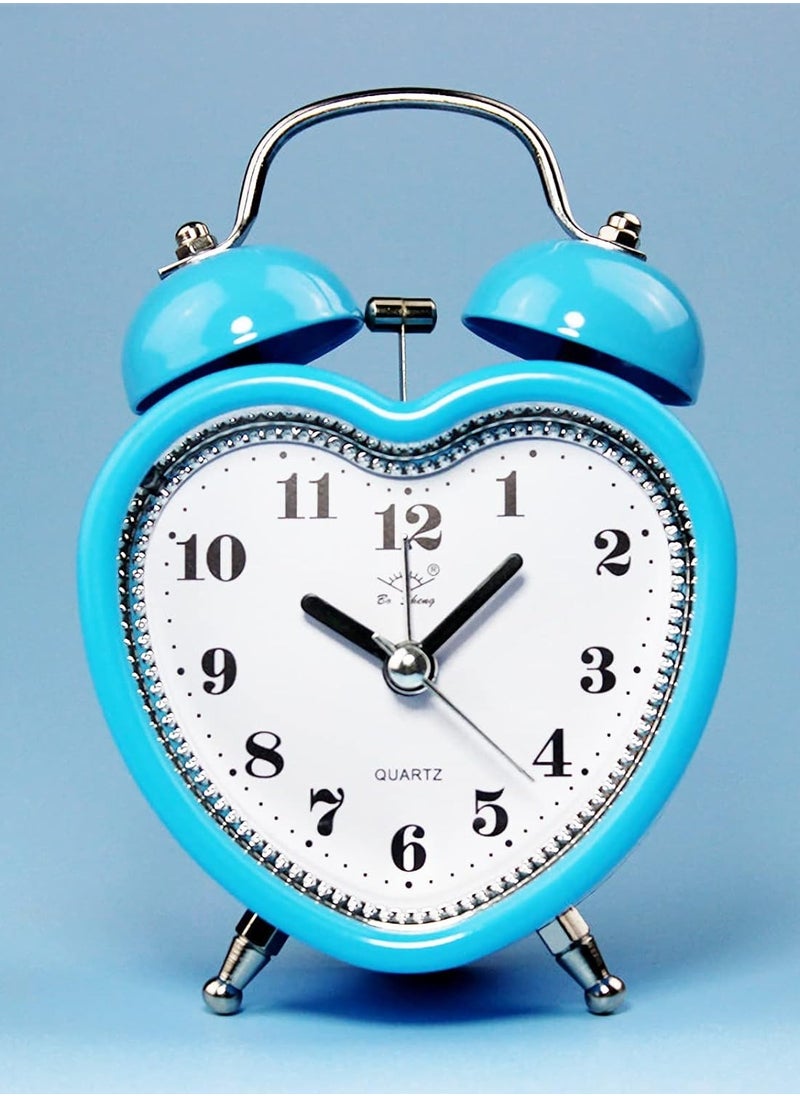 3 Inches Cute Twin Bell Loud Alarm Clock Silent Analog Quartz Nightlight Tableclock Battery Operated for Kids, Seniors, Heavy Sleepers, Decorations for Bedroom, Living Room (Blue)