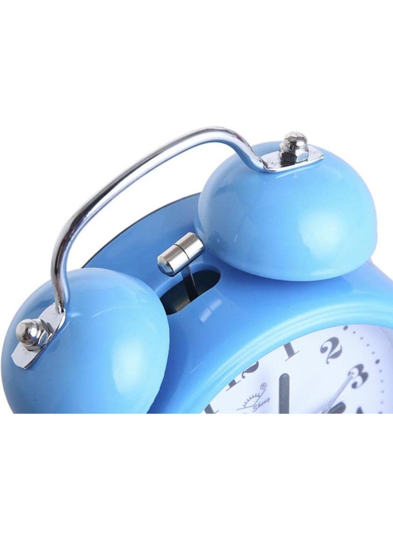 3 Inches Cute Twin Bell Loud Alarm Clock Silent Analog Quartz Nightlight Tableclock Battery Operated for Kids, Seniors, Heavy Sleepers, Decorations for Bedroom, Living Room (Blue)