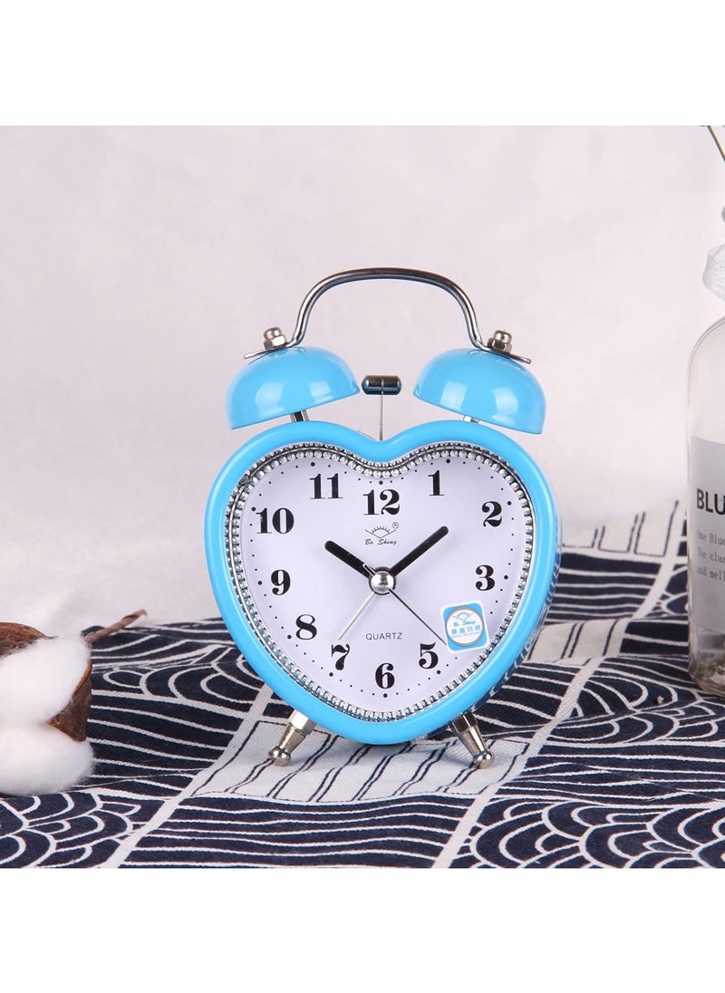 3 Inches Cute Twin Bell Loud Alarm Clock Silent Analog Quartz Nightlight Tableclock Battery Operated for Kids, Seniors, Heavy Sleepers, Decorations for Bedroom, Living Room (Blue)