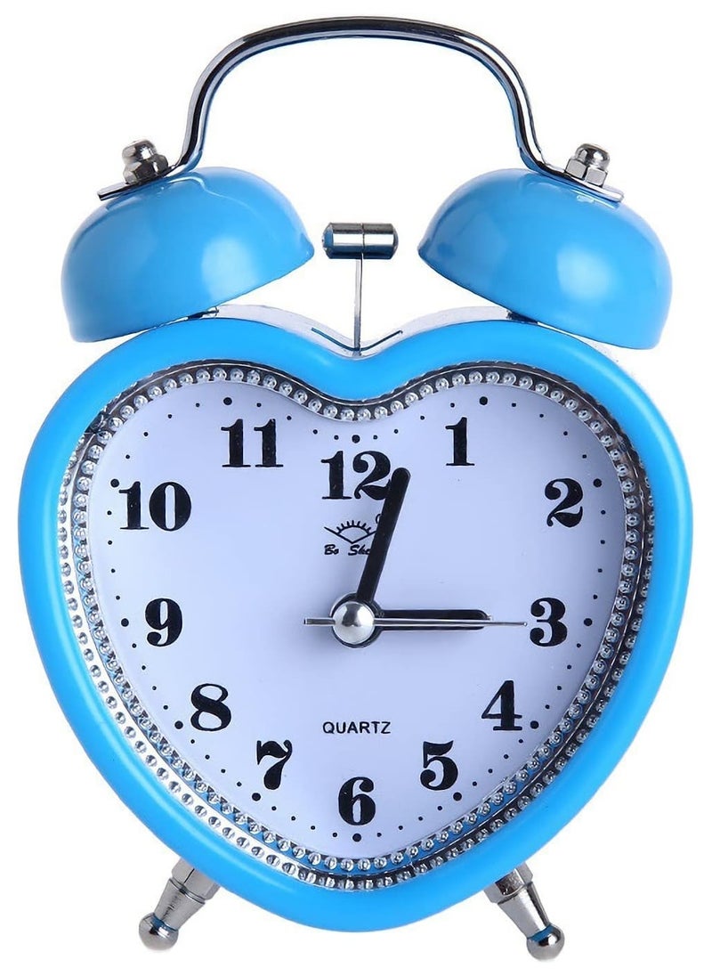 3 Inches Cute Twin Bell Loud Alarm Clock Silent Analog Quartz Nightlight Tableclock Battery Operated for Kids, Seniors, Heavy Sleepers, Decorations for Bedroom, Living Room (Blue)