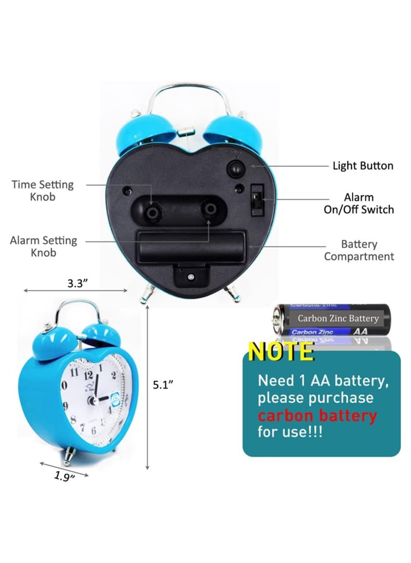 3 Inches Cute Twin Bell Loud Alarm Clock Silent Analog Quartz Nightlight Tableclock Battery Operated for Kids, Seniors, Heavy Sleepers, Decorations for Bedroom, Living Room (Blue)