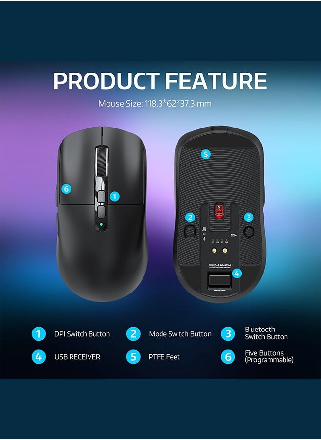 X6 Lightweight Wireless Gaming Mouse with Tri-Mode Wired/2.4GHz/BT5.2, PAW3395 Optical Sensor,Up to 26K DPI RGB Touch Magnetic Charging Base