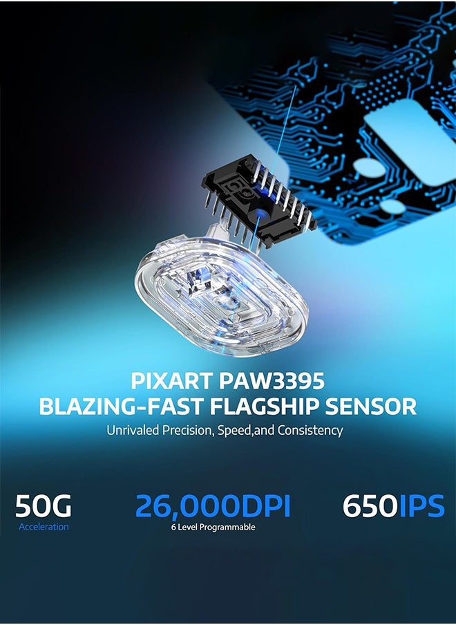 X6 Lightweight Wireless Gaming Mouse with Tri-Mode Wired/2.4GHz/BT5.2, PAW3395 Optical Sensor,Up to 26K DPI RGB Touch Magnetic Charging Base