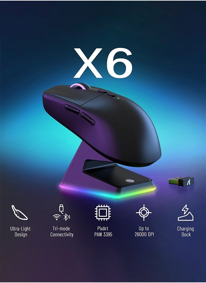 X6 Lightweight Wireless Gaming Mouse with Tri-Mode Wired/2.4GHz/BT5.2, PAW3395 Optical Sensor,Up to 26K DPI RGB Touch Magnetic Charging Base