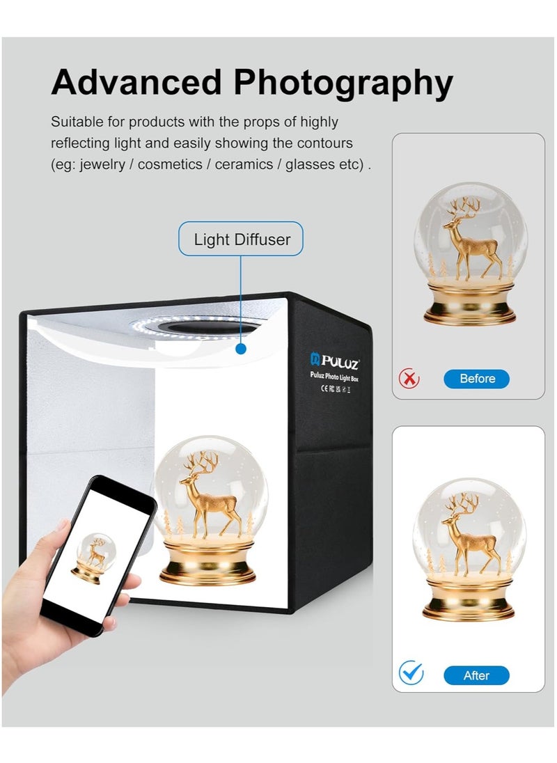 Puluz 10Inch/25CM Photo Studio Box, Mini Folding Lightbox LED Ring Light Portable Photo Studio Photography Shooting Tent Box Kit 12 Colors Backdrops USB Light Box for Phones DSLR Camera