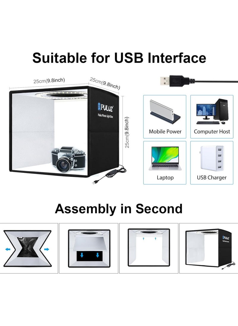 Puluz 10Inch/25CM Photo Studio Box, Mini Folding Lightbox LED Ring Light Portable Photo Studio Photography Shooting Tent Box Kit 12 Colors Backdrops USB Light Box for Phones DSLR Camera