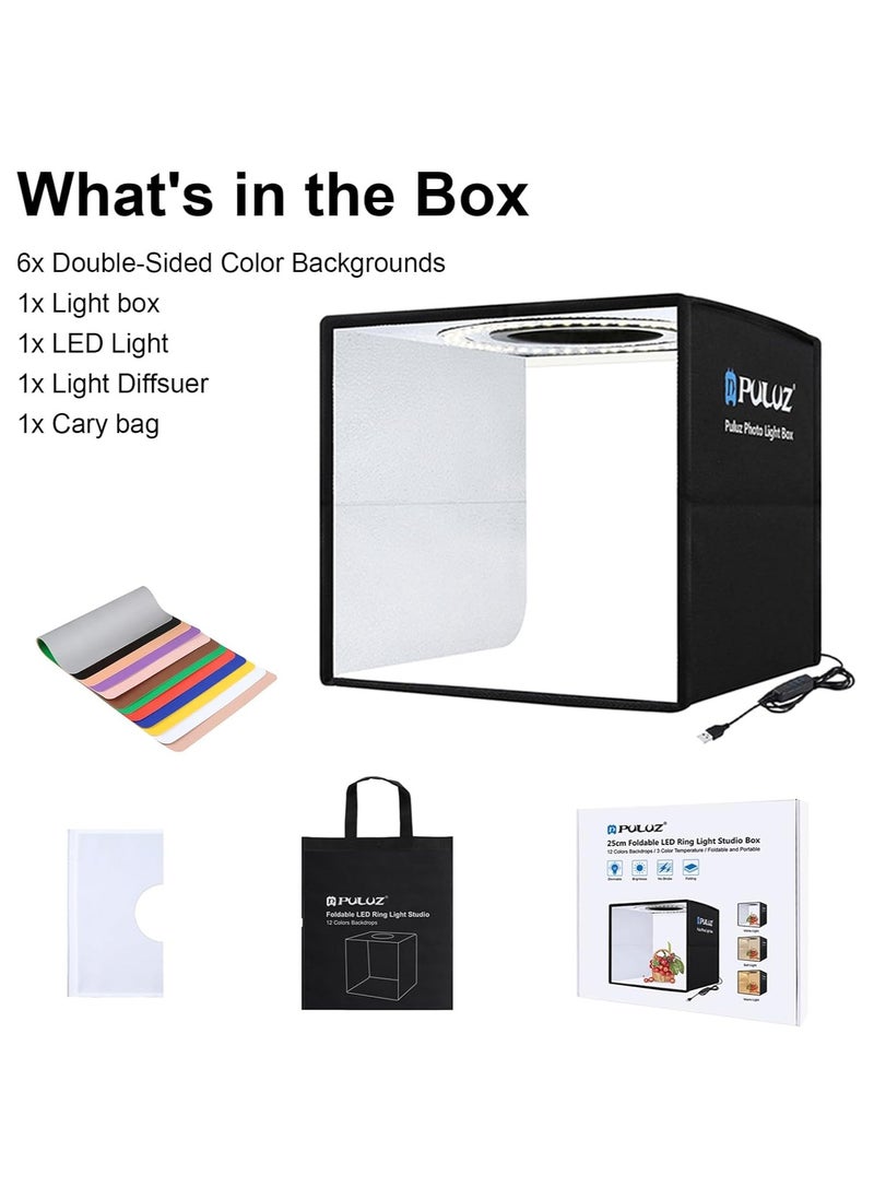 Puluz 10Inch/25CM Photo Studio Box, Mini Folding Lightbox LED Ring Light Portable Photo Studio Photography Shooting Tent Box Kit 12 Colors Backdrops USB Light Box for Phones DSLR Camera