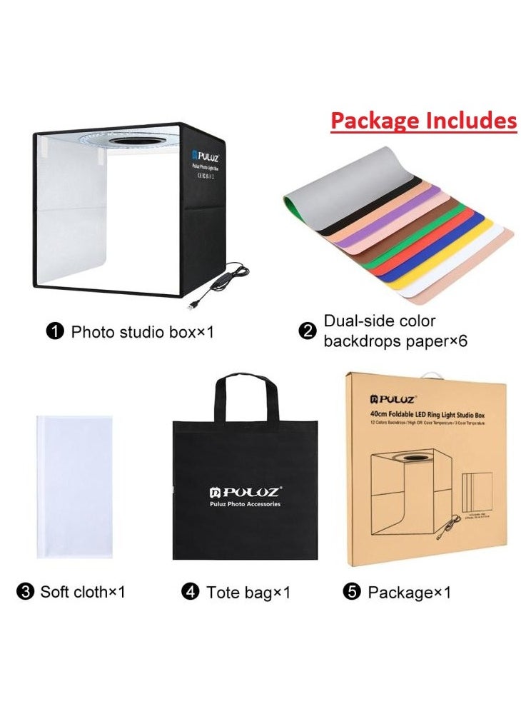 Puluz Upgraded 40cm/15.8 Inch Ring LED Panel Folding Portable Light Photo Lighting Studio Shooting Tent Box Kit with 6 Backdrops of double Colour 3 ModeTemp