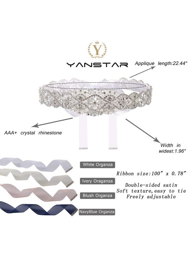 Bridal Rhinestone Wedding Belts Hand Clear Crystal 22In Length With White Organza Ribbon For Bridal Gowns