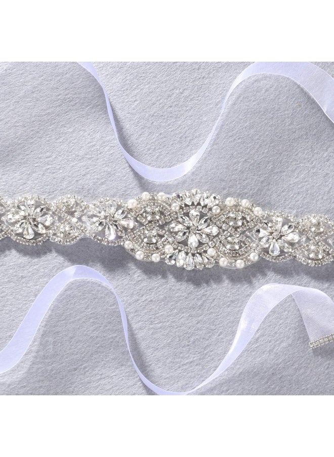 Bridal Rhinestone Wedding Belts Hand Clear Crystal 22In Length With White Organza Ribbon For Bridal Gowns