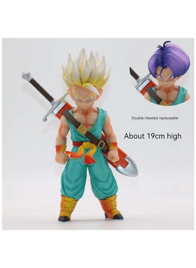 Anime Hero Trunks Yellow Hair Blue Model Doll Double Head Sculpture Can Be Replaced Figurine Ornaments Gift 19Cm