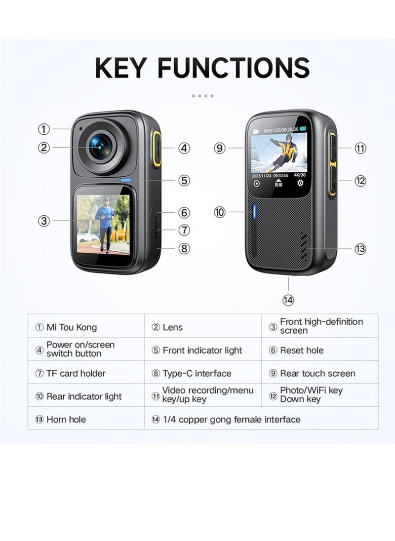 Sports Camera, 4K 6 Axis Anti Shake Touch Control Video Camera, Lightweight Portable Dual Screen Wifi Camera, Sturdy And Durable Ultra Clear Travel Vlog Recorder, (1pc)