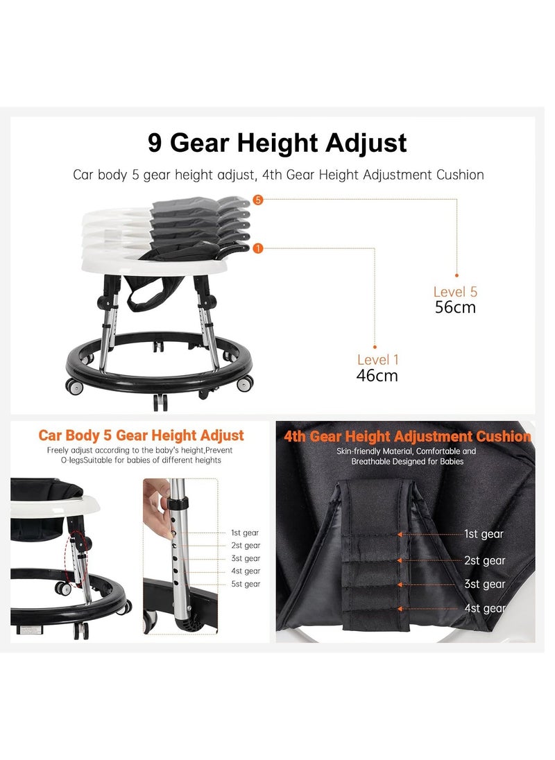 Foldable Baby Walker, Anti-Rollover Infant Walker with 9 Adjustable Heights, Toddler Walker for Babies 6-18 Months