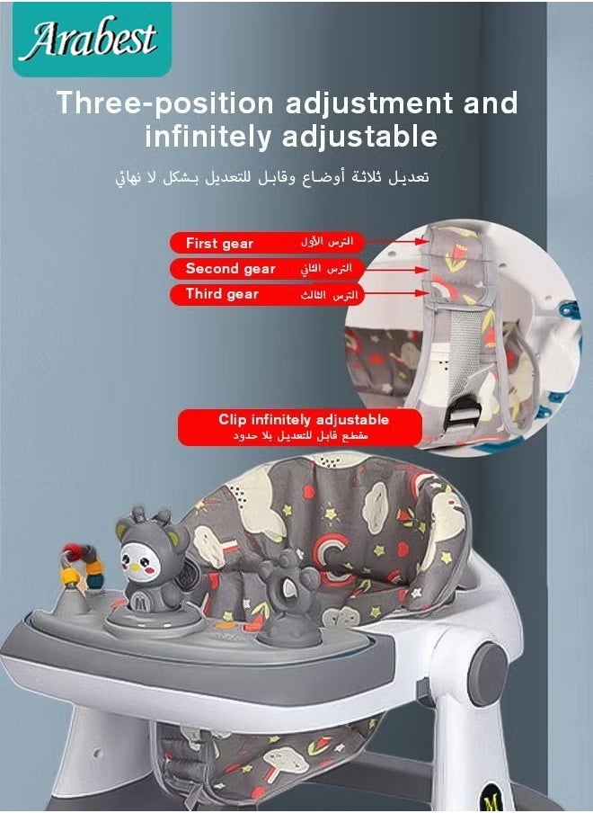 Baby Walker, Foldable 3 in 1 Toddler Walker Bouncer, Learning Seated, Walk-Behind, Music, High Back Padded Seat, Detachable Trampoline Mat, with Sturdy Wheels and Detachable Toy Station, Gray