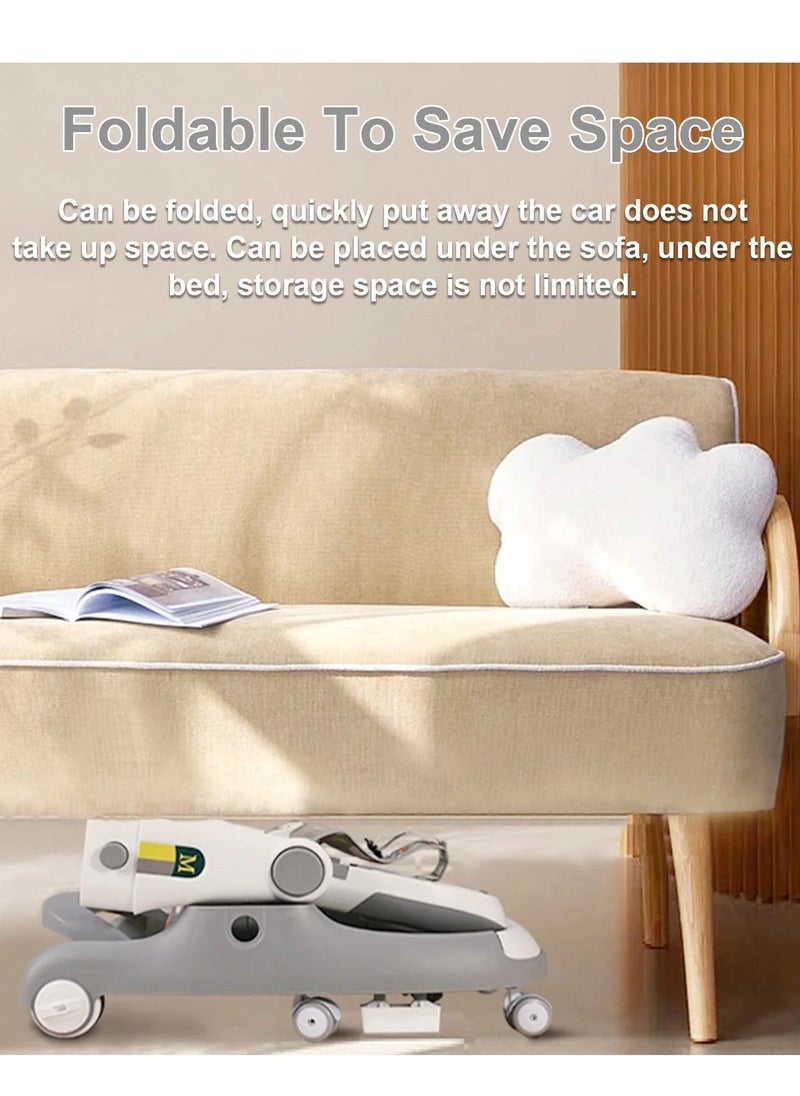 Baby Walker, Foldable 3 in 1 Toddler Walker Bouncer, Learning Seated, Walk-Behind, Music, High Back Padded Seat, Detachable Trampoline Mat, with Sturdy Wheels and Detachable Toy Station, Gray