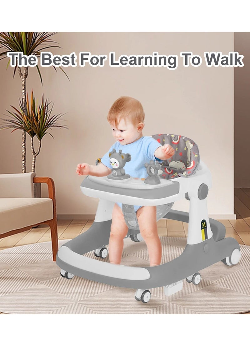 Baby Walker, Foldable 3 in 1 Toddler Walker Bouncer, Learning Seated, Walk-Behind, Music, High Back Padded Seat, Detachable Trampoline Mat, with Sturdy Wheels and Detachable Toy Station, Gray