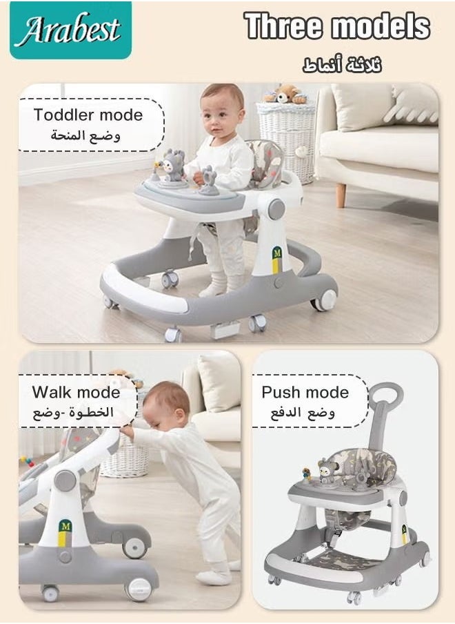 Baby Walker, Foldable 3 in 1 Toddler Walker Bouncer, Learning Seated, Walk-Behind, Music, High Back Padded Seat, Detachable Trampoline Mat, with Sturdy Wheels and Detachable Toy Station, Gray
