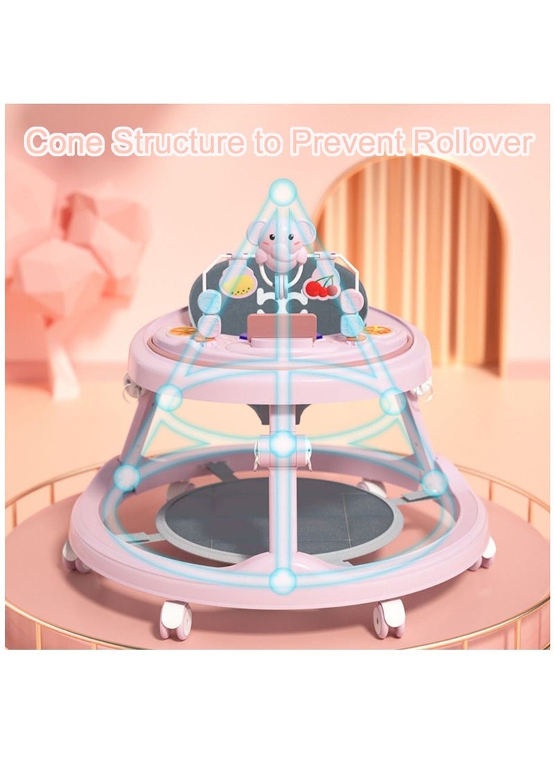 Baby Walker, Anti-Rollover Walker Music and Phone Stand, Folding Walker for Babies 6-20 Months(Pink)