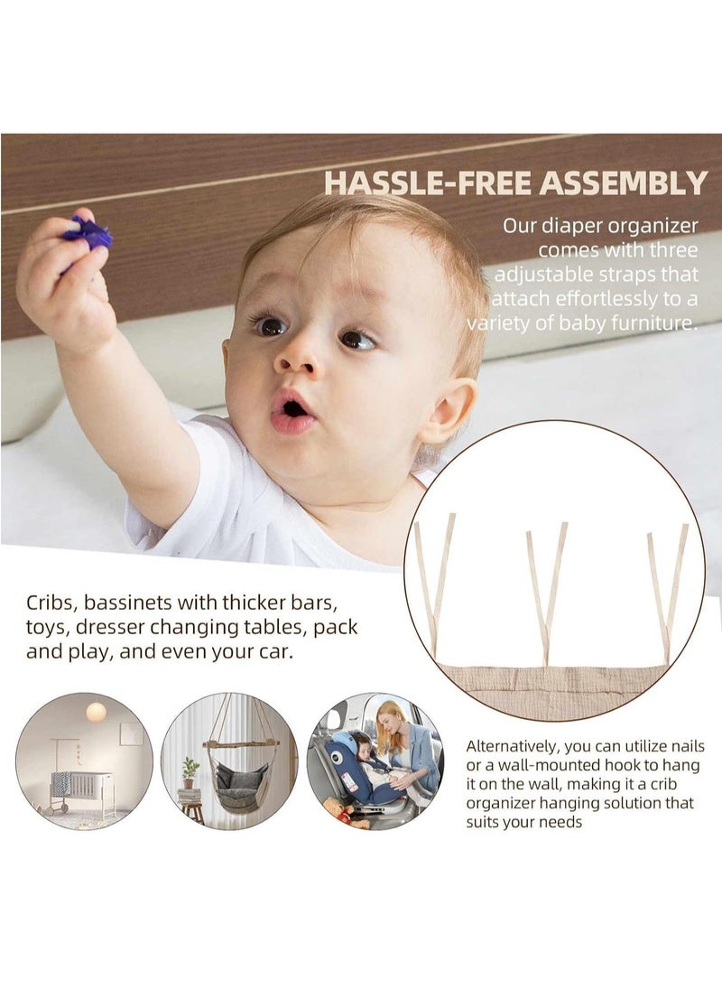 Diaper Caddy and Organizer for Changing Table and Crib Multi-Functional Hanging Diaper Stacker Nursery Organizer for Cribs Diaper Holder Baby Crib Hanging Storage and Accessories(Khaki, 8