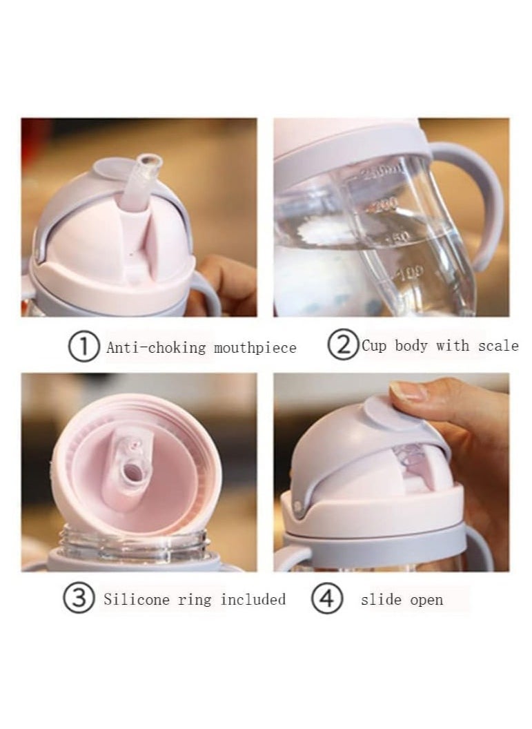 Sippy Cup for Baby more than 6 months, Spill-Proof Sippy Cup, Straw for Kids Water Bottle with Soft Silicon Spout Cup for Toddlers,BPA Free, 250ml,Spill Plastic Drinking Bottle with Handle