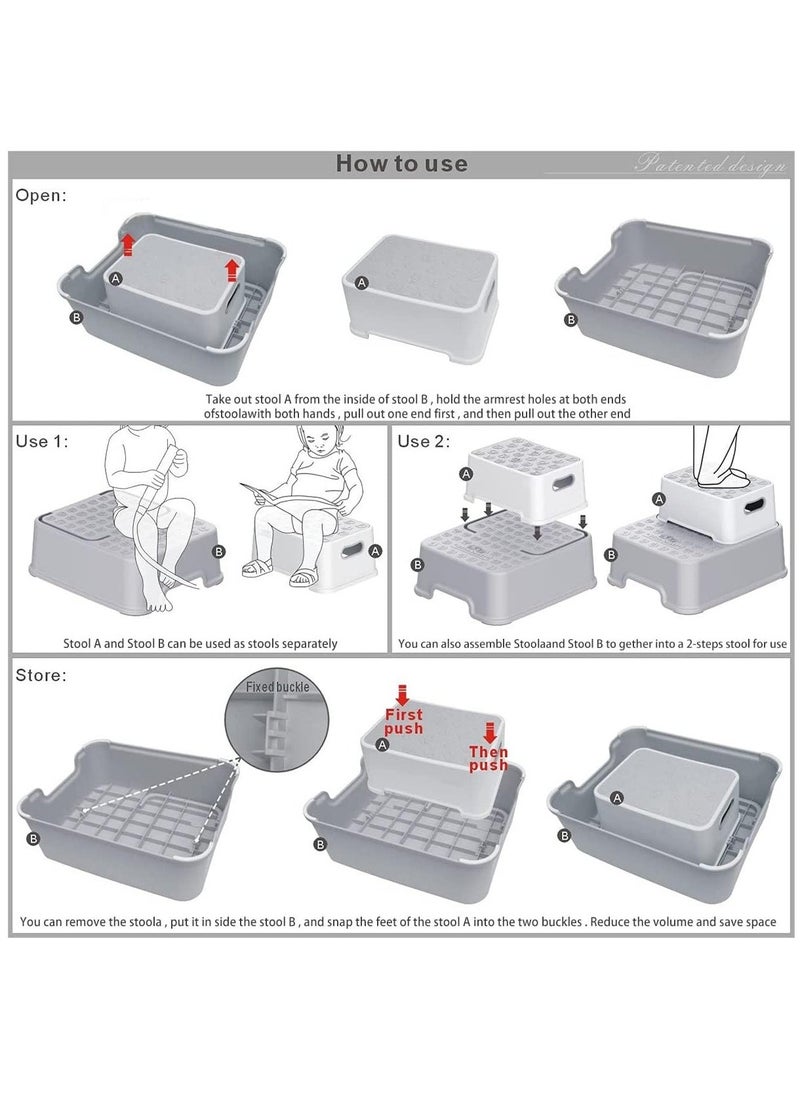 Toddler Step Stool, 2 Step Stool with Anti-Slip Surface & Base, Kids Step Stool for Toddlers Potty Training, Kitchen, Living Room, Bedroom, Toy Room (Grey)