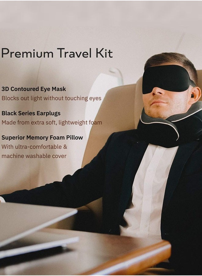 Orthopedic Neck Pillow, Travel Neck Pillows for Airplanes, Memory Foam Kit, Updated Resting Material, Airplane Travel Set with 3D Contoured Eye Masks, Earplugs, and Luxury Mesh Bag, Black
