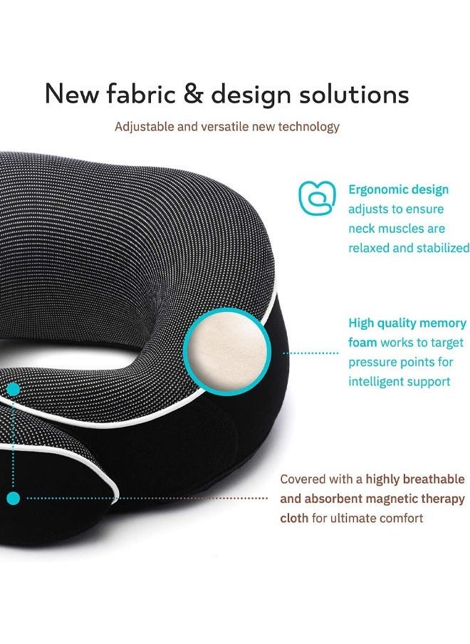 Orthopedic Neck Pillow, Travel Neck Pillows for Airplanes, Memory Foam Kit, Updated Resting Material, Airplane Travel Set with 3D Contoured Eye Masks, Earplugs, and Luxury Mesh Bag, Black