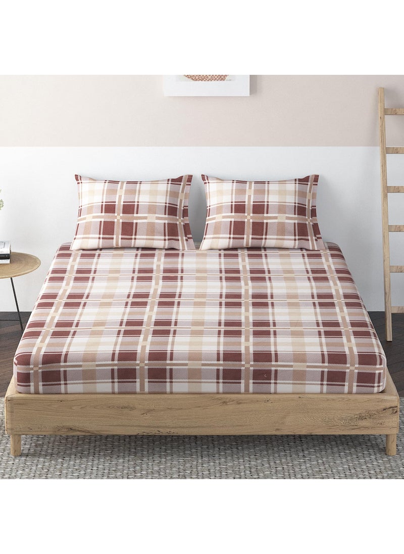 HOKIPO Brushed Microfiber 140 GSM Printed Fitted Bedsheets Single Bed, 78 x 36 inches with 1 Pillow Cover, Checkered Beige (IN-638-D7)