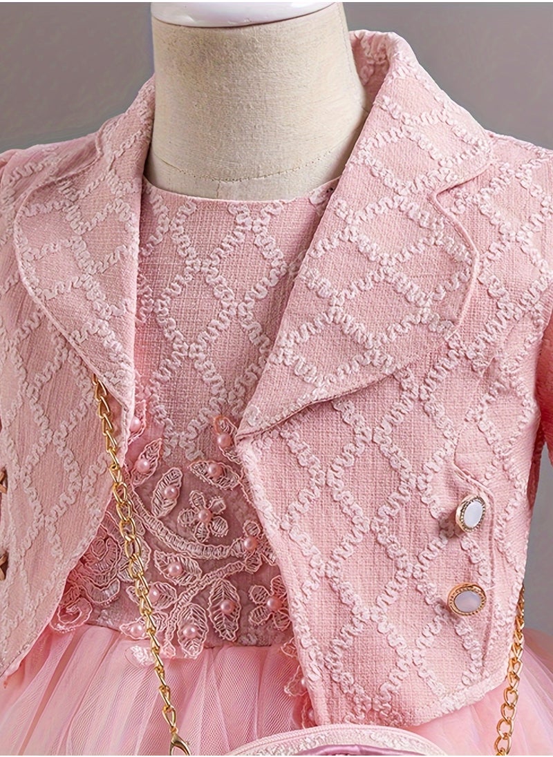 Dress Set with Contrast Mesh, Knee Length Party Princess Dress for Birthday Eid and Formal Events 65% Polyester 35% Viscose All Season Non Stretch Fabric Woven Solid Color Dresses Pink