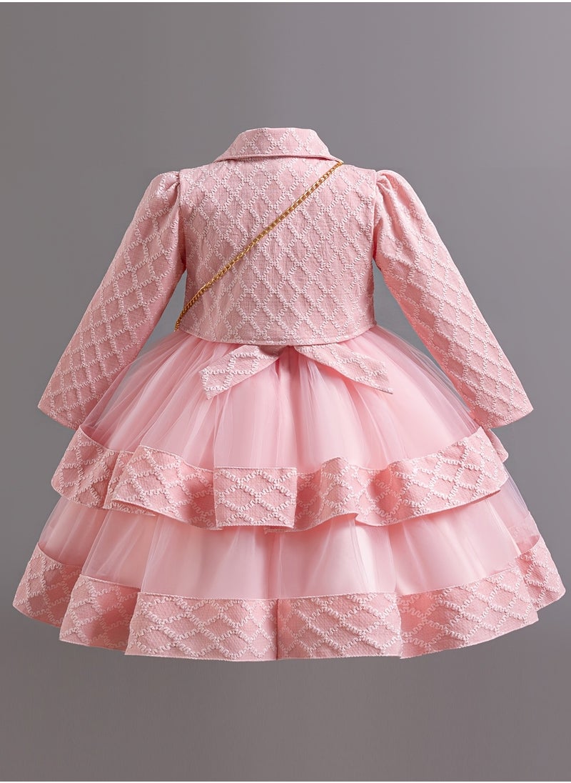 Dress Set with Contrast Mesh, Knee Length Party Princess Dress for Birthday Eid and Formal Events 65% Polyester 35% Viscose All Season Non Stretch Fabric Woven Solid Color Dresses Pink