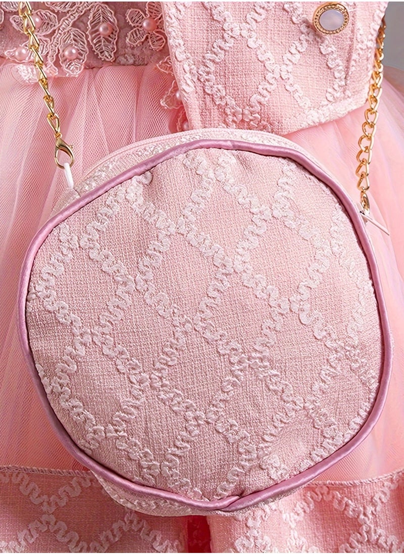 Dress Set with Contrast Mesh, Knee Length Party Princess Dress for Birthday Eid and Formal Events 65% Polyester 35% Viscose All Season Non Stretch Fabric Woven Solid Color Dresses Pink