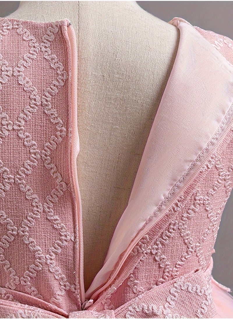 Dress Set with Contrast Mesh, Knee Length Party Princess Dress for Birthday Eid and Formal Events 65% Polyester 35% Viscose All Season Non Stretch Fabric Woven Solid Color Dresses Pink