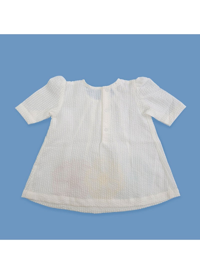 Keebee Organic Cotton Textured Puff 3/4 Sleeve Flowers Woven Embroidered White Girls Dress