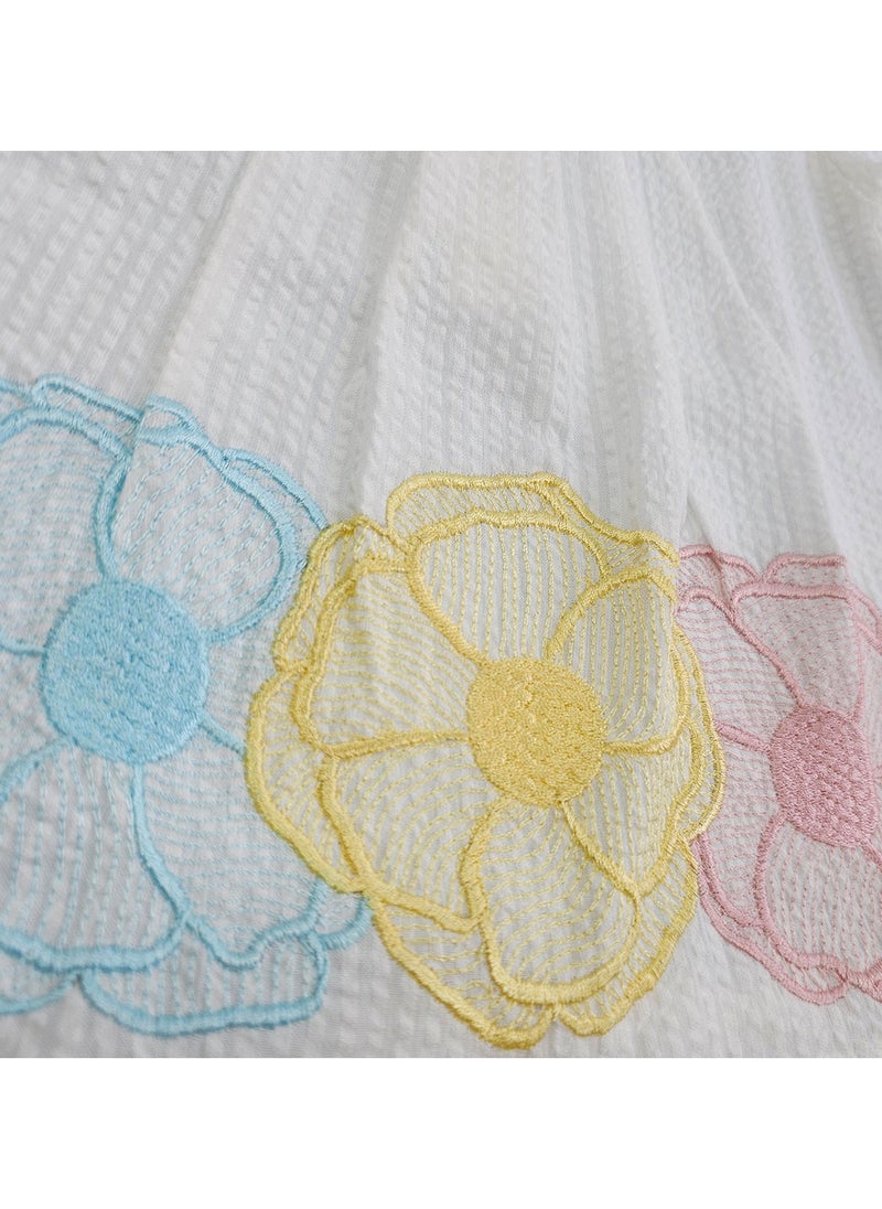 Keebee Organic Cotton Textured Puff 3/4 Sleeve Flowers Woven Embroidered White Girls Dress