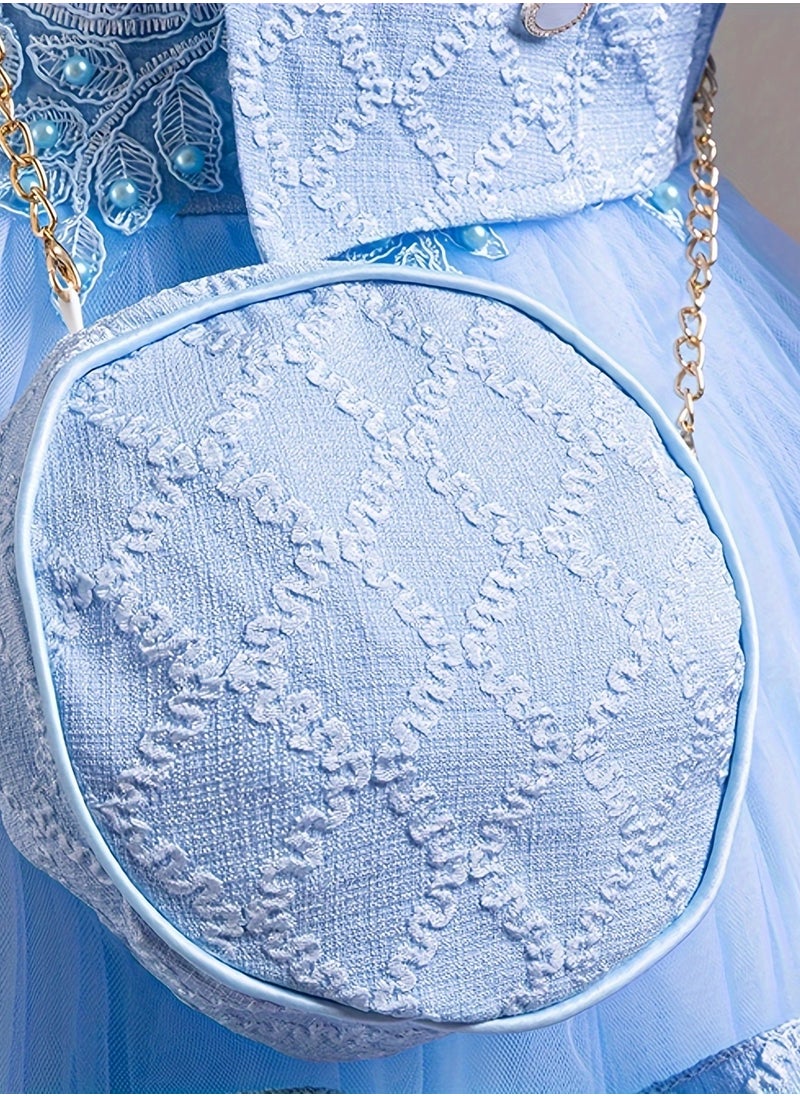 Dress Set with Contrast Mesh, Knee Length Party Princess Dress for Birthday Eid and Formal Events 65% Polyester 35% Viscose All Season Non Stretch Fabric Woven Solid Color Dresses Sky Blue