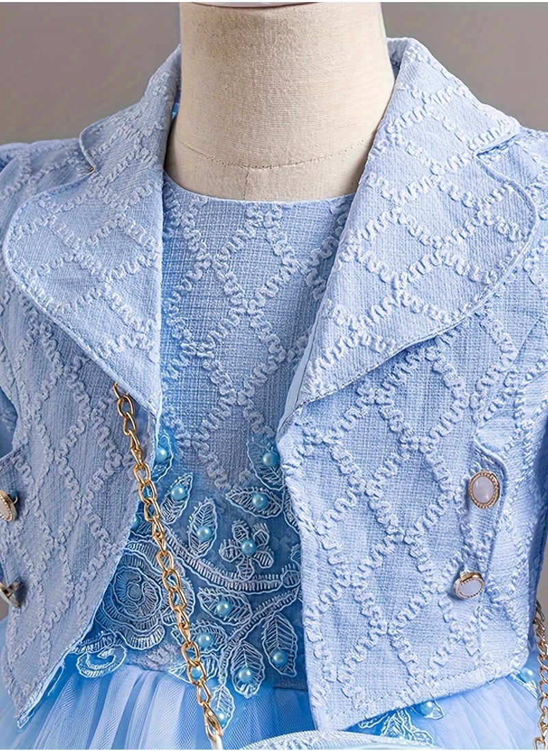 Dress Set with Contrast Mesh, Knee Length Party Princess Dress for Birthday Eid and Formal Events 65% Polyester 35% Viscose All Season Non Stretch Fabric Woven Solid Color Dresses Sky Blue