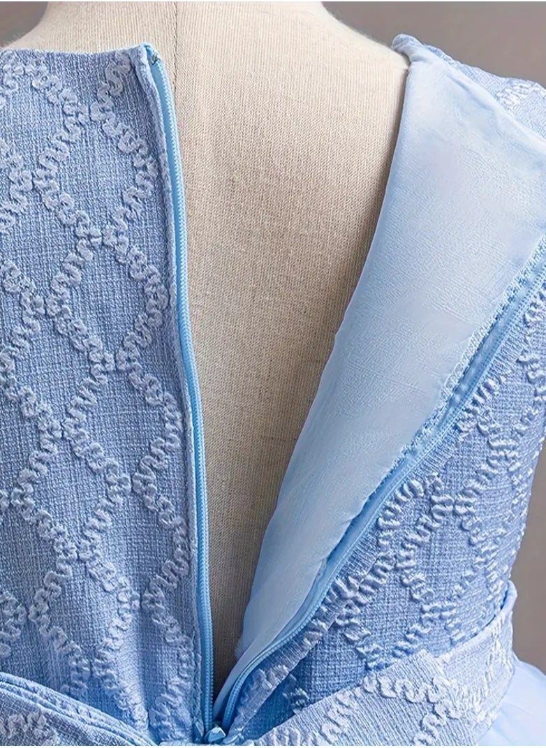 Dress Set with Contrast Mesh, Knee Length Party Princess Dress for Birthday Eid and Formal Events 65% Polyester 35% Viscose All Season Non Stretch Fabric Woven Solid Color Dresses Sky Blue