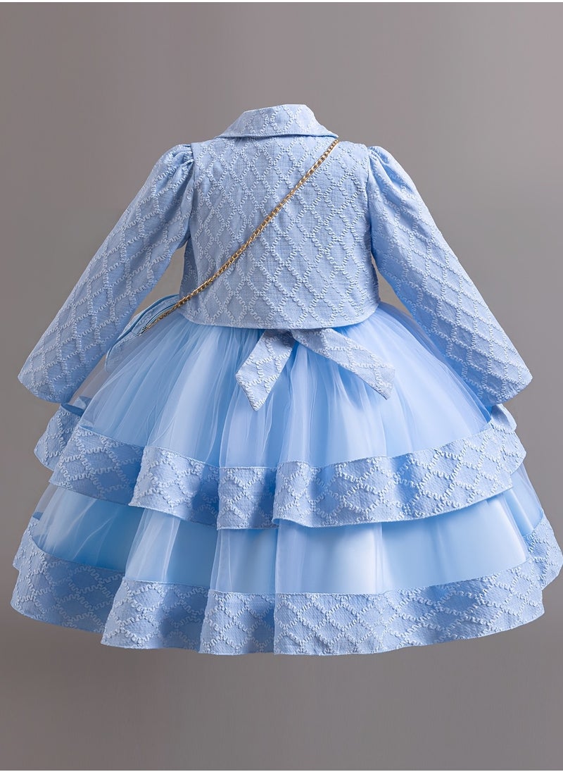 Dress Set with Contrast Mesh, Knee Length Party Princess Dress for Birthday Eid and Formal Events 65% Polyester 35% Viscose All Season Non Stretch Fabric Woven Solid Color Dresses Sky Blue