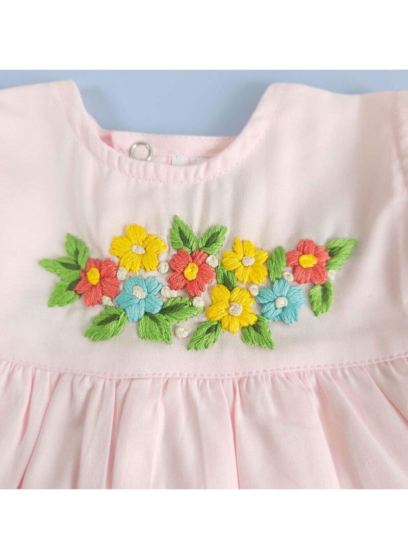 Keebee Organic Cotton Flowers Hand-Embroidered Baby Pink Girls Peony Dress