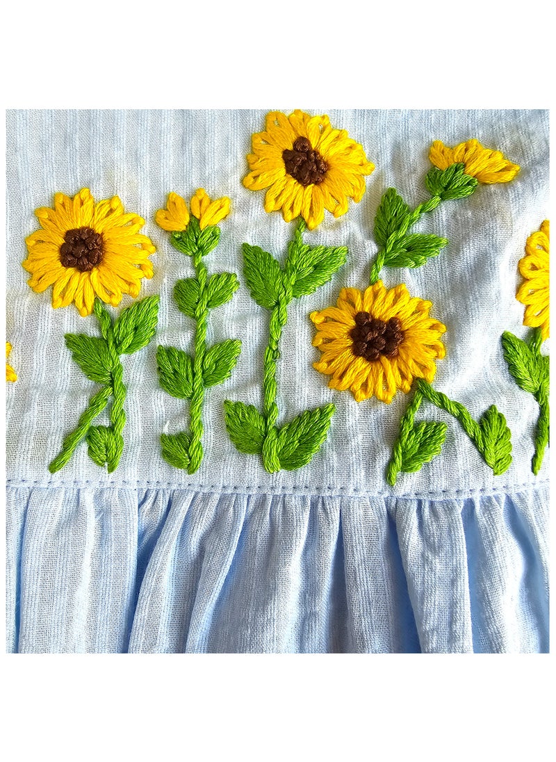 Keebee Organic Cotton Sunflower Embroidered Girls Blue Dress with Ruffled Sleeves