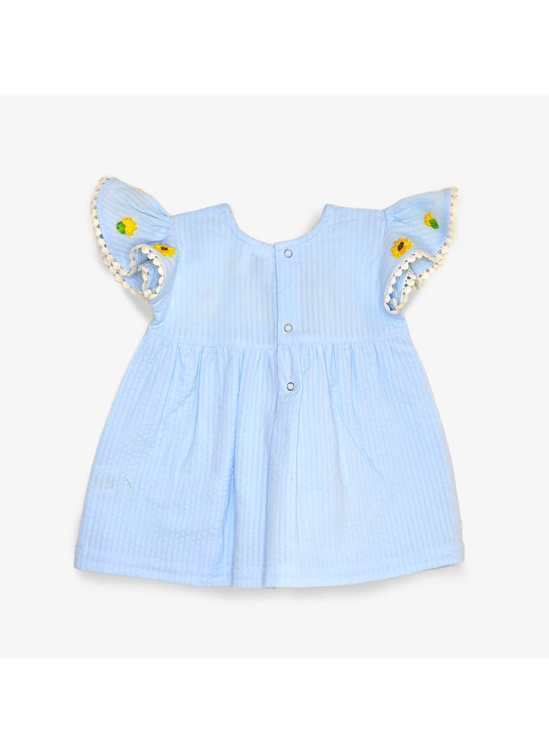 Keebee Organic Cotton Sunflower Embroidered Girls Blue Dress with Ruffled Sleeves