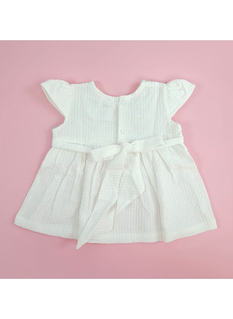 Keebee Organic Cotton Textured Paisley Embroidered Girls White Dress with Cap Sleeves