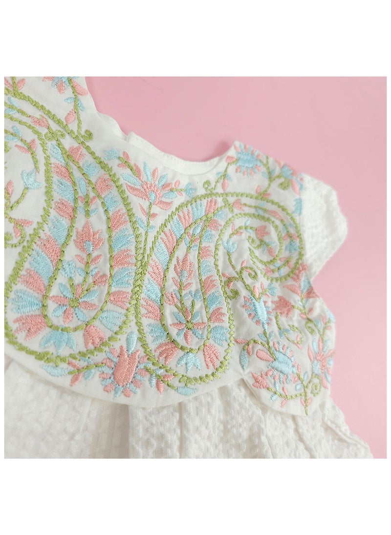 Keebee Organic Cotton Textured Paisley Embroidered Girls White Dress with Cap Sleeves
