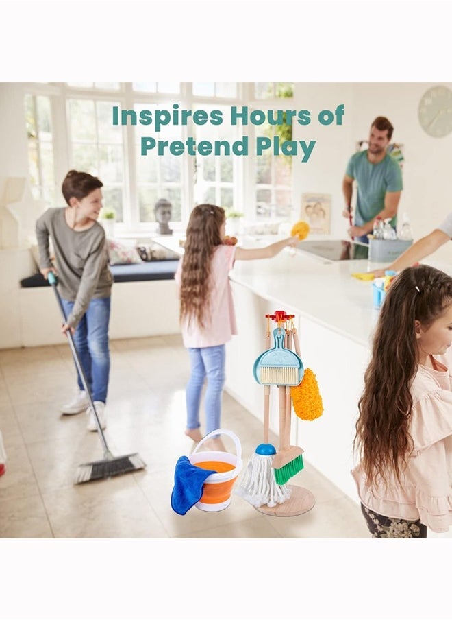 Kids Cleaning Toy Set, 9 Piece Wooden Detachable Children Cleaning Toys - Broom, Mop, Duster, Brush, Dustpan, Bucket, Dish Cloth, and Hanging Stand Housekeeping Kit