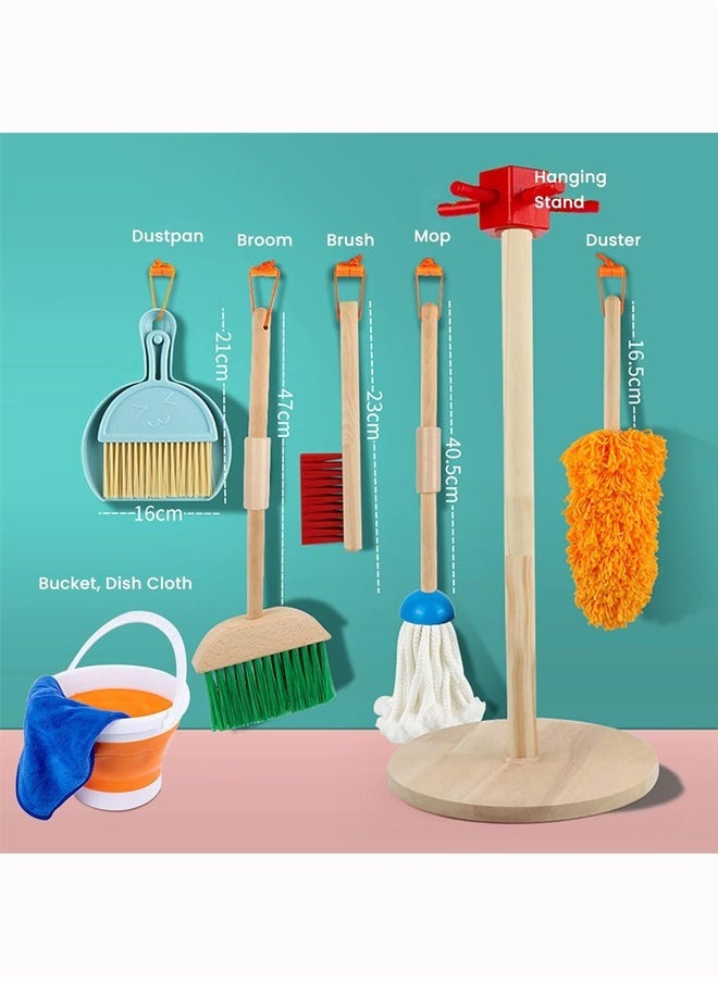 Kids Cleaning Toy Set, 9 Piece Wooden Detachable Children Cleaning Toys - Broom, Mop, Duster, Brush, Dustpan, Bucket, Dish Cloth, and Hanging Stand Housekeeping Kit