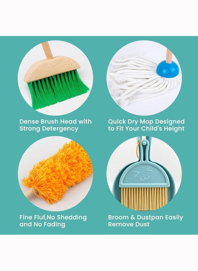 Kids Cleaning Toy Set, 9 Piece Wooden Detachable Children Cleaning Toys - Broom, Mop, Duster, Brush, Dustpan, Bucket, Dish Cloth, and Hanging Stand Housekeeping Kit